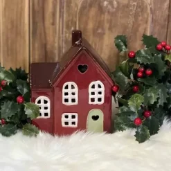 Keraaminen talolyhty punainen sydänkoristein 15 cm