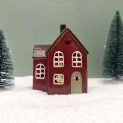 Keraaminen talolyhty punainen sydänkoristein 15 cm