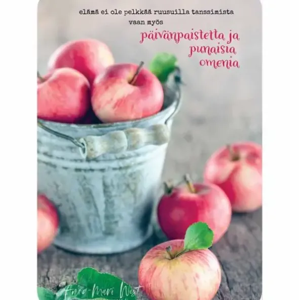 Postikortti Päivänpaistetta ja punaisia omenoita